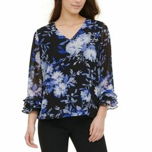 Calvin Klein Women's Floral Printed Ruffle-sleeve Blouse Top Size XL NWT